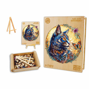 Whimsical Cat and Butterfly Box Wooden Puzzle